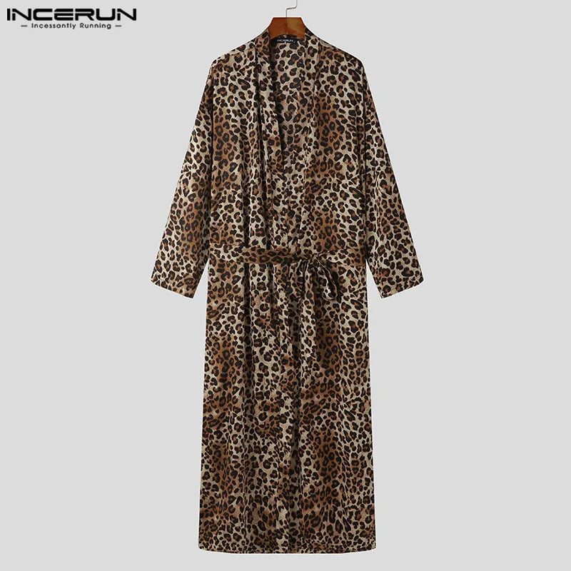 INCERUN Tops 2024 Sexy Men's Long Knee Length Shirts Casual Leopard Print Satin Strap Design Long Sleeved Cardigan Blouse S-5XL