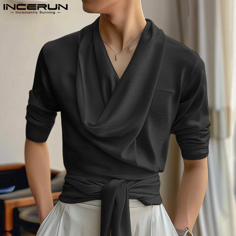 Fashion Casual Style Tops INCERUN Men's Swing Neck Design Strap Shirt Sexy Male Hot Selling Solid Long Sleeved Blouse S-5XL 2024