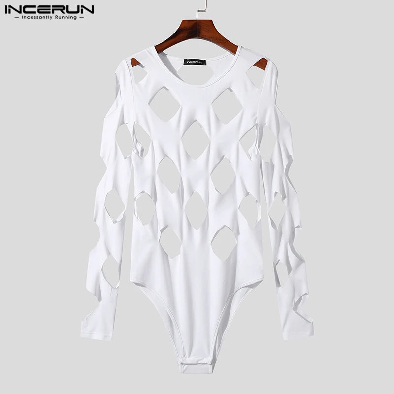 INCERUN 2023 Sexy Fashion Style Men's Bodysuits Hollow Diamond Design Rompers Casual Homewear O-Neck Long Sleeve Jumpsuits S-3XL