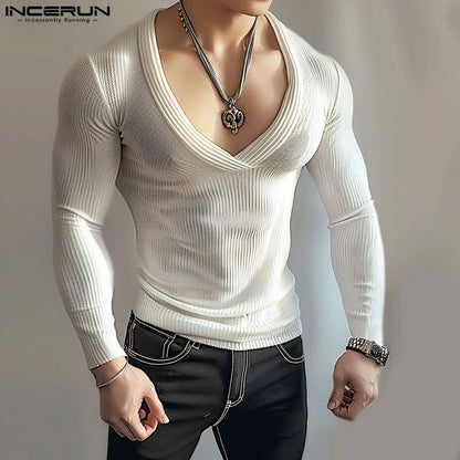 INCERUN Tops 2024 Korean Style Fashion Men's Knitted T-shirt Casual Male Slightly Transparent V-neck Long Sleeved Camiseta S-5XL