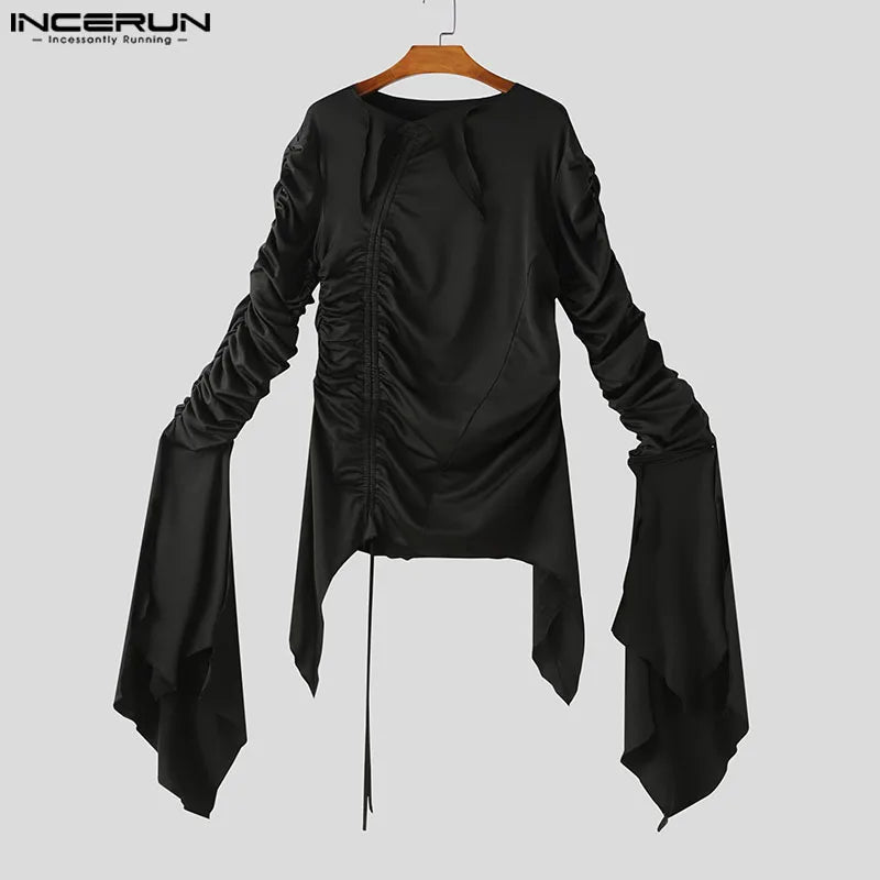 INCERUN Tops 2024 American Style New Men's Pleated Long Ribbon Design T-shirts Fashion Casual Solid Long Sleeved Camiseta S-5XL