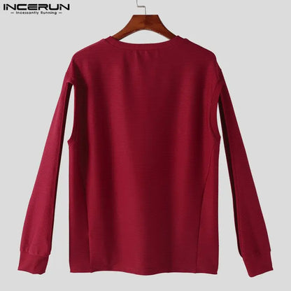 Men T Shirt Solid Color O-neck Long Sleeve Hollow Out Streetwear Men Clothing 2024 Korean Fashion Casual Tee Tops INCERUN S-5XL