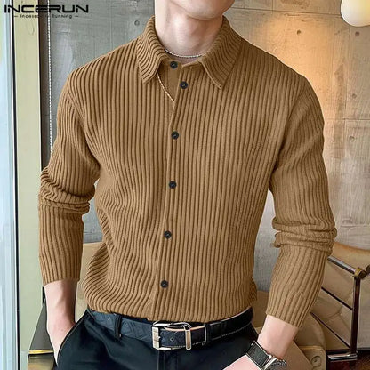 Fashion Well Fitting Tops INCERUN Men's Solid Striped Texture Shirt Casual Streetwear Simple Male Long Sleeved Blouse S-5XL 2024