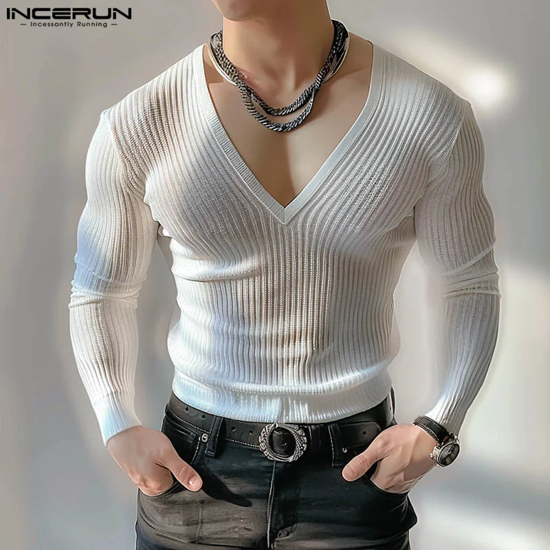 INCERUN Tops 2024 Koreanische Stil Neue Männer Solide V-ausschnitt Strick T-shirts Sommer Casual Streetwear Einfache Lange Ärmeln Camiseta S-5XL