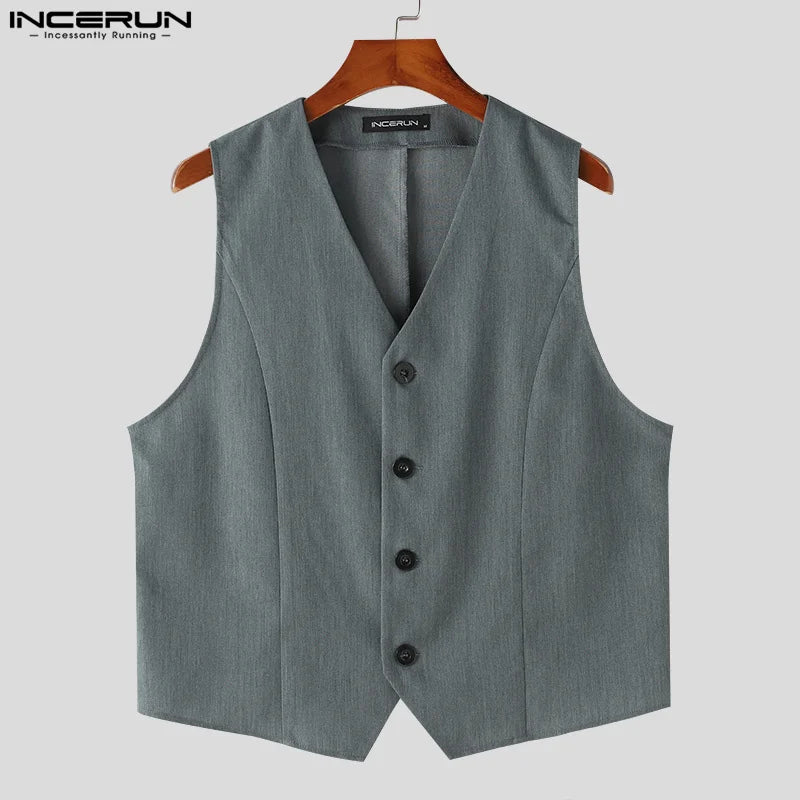 INCERUN Tops 2024 Korean Style Men Retro Sleeveless V-neck Design Vests Casual Streetwear Solid Suits Sleeveless Waistcoat S-5XL