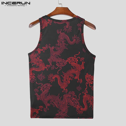 INCERUN Tops 2023 Korean Style Men Striped Dragon Pattern Printed Vests Casual Streetwear Hot Selling Sleeveless Tank Tops S-3XL