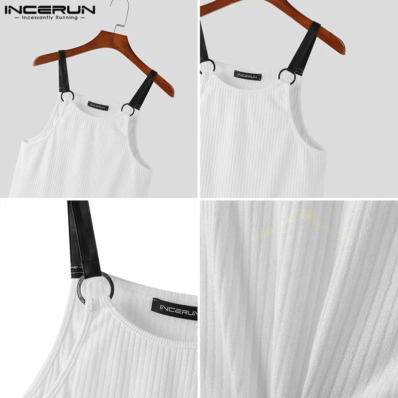 INCERUN Tops 2024 Koreanische Stil Mode Für Männer Gestreiften Patchwork Leder Westen Casual Streetwear Sommer Ärmellose Tank Tops S-5XL