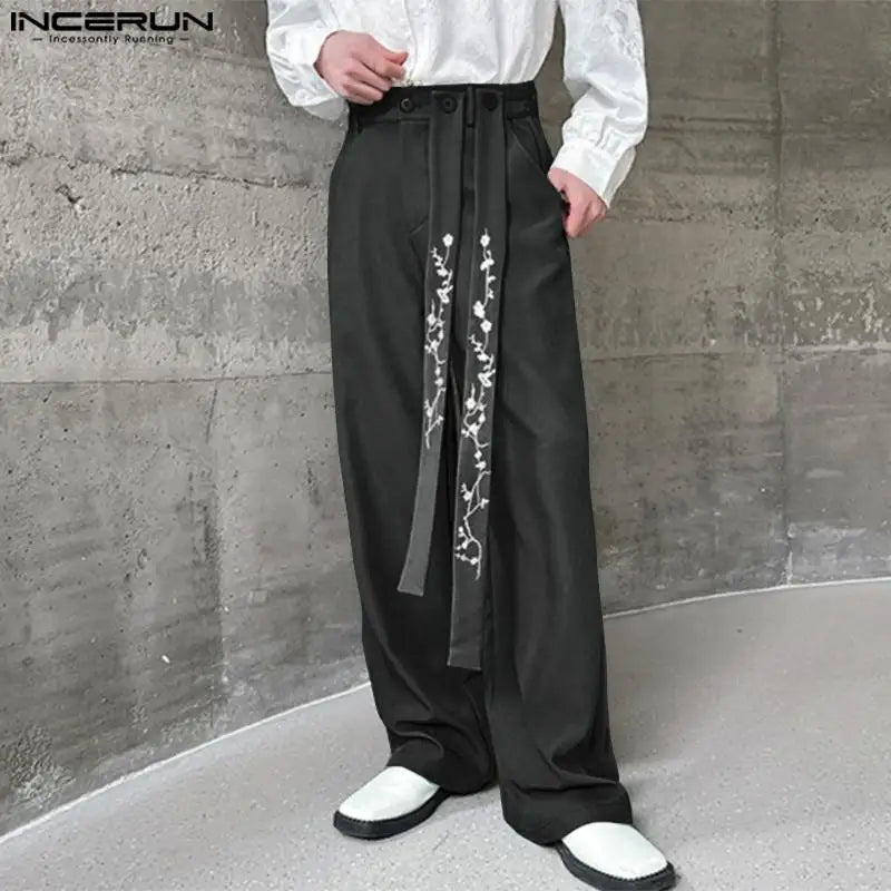 INCERUN 2024 Korean Style Trousers Men Stylish Embroidered Floral Ribbon Long Pants Streetwear Male Straight Leg Pantalons S-5XL