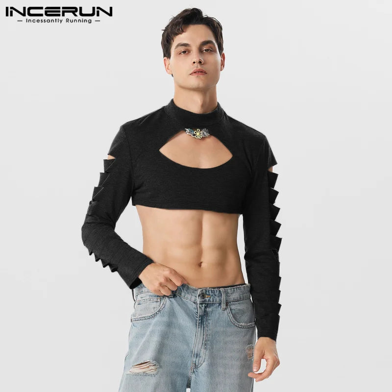 INCERUN Tops 2024 Style américain Nouveaux T-shirts creux à la mode pour hommes Fête décontractée Vente chaude Imprimé Camiseta à manches longues