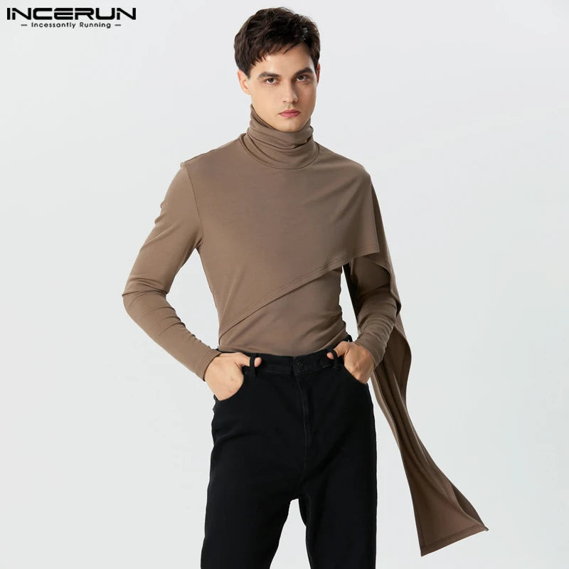 INCERUN Tops 2023 American Style Handsome Men's Knitted Pit Stripe High Neck Pullover Casual Fashion Solid Elastic Sweater S-5XL