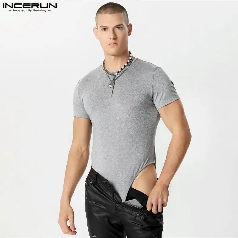 INCERUN 2023 Sexy Style New Men Jumpsuits Short Sleeved Solid Comfortable Bodysuits Fashion O-neck Design Triangle Rompers S-5XL