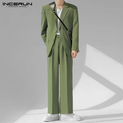 INCERUN 2024 Men Sets Solid Color Streetwear Laple Long Sleeve Button Blazer & Pants 2PCS Korean Fashion Men Casual Suits S-5XL