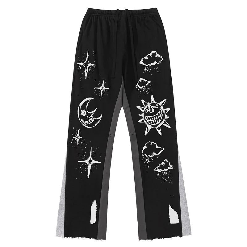 HOUZHOU Harajuku Casual Pants with Print Men Sweatpants Patchwork Loose Black Wide Leg Trousers Male Streetwear Hip Hop