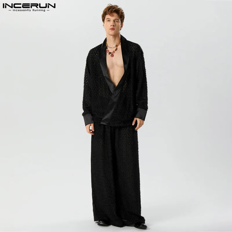 INCERUN 2023 Sexy Mode herren Sets Spitze Perspektive Lose Ärmel Strickjacke Breite Bein Hosen Casual Heißer Verkauf Zwei Stück Sets S-5XL