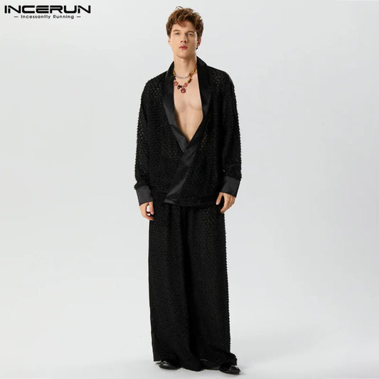 INCERUN 2023 Sexy Fashion Men's Sets Lace Perspective Loose Sleeve Cardigan Wide Leg Pants Casual Hot Sale Two Piece Sets S-5XL