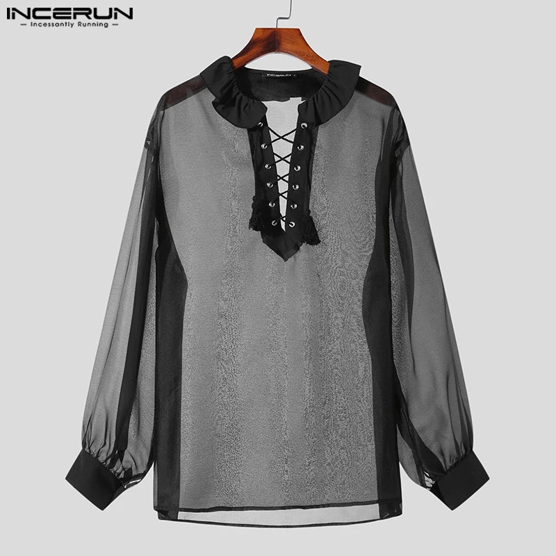 Handsome Well Fitting Tops INCERUN New Mens Ruffled Tie Loose Shirts Casual Sexy Male Thin Perspective Long Sleeved Blouse S-5XL