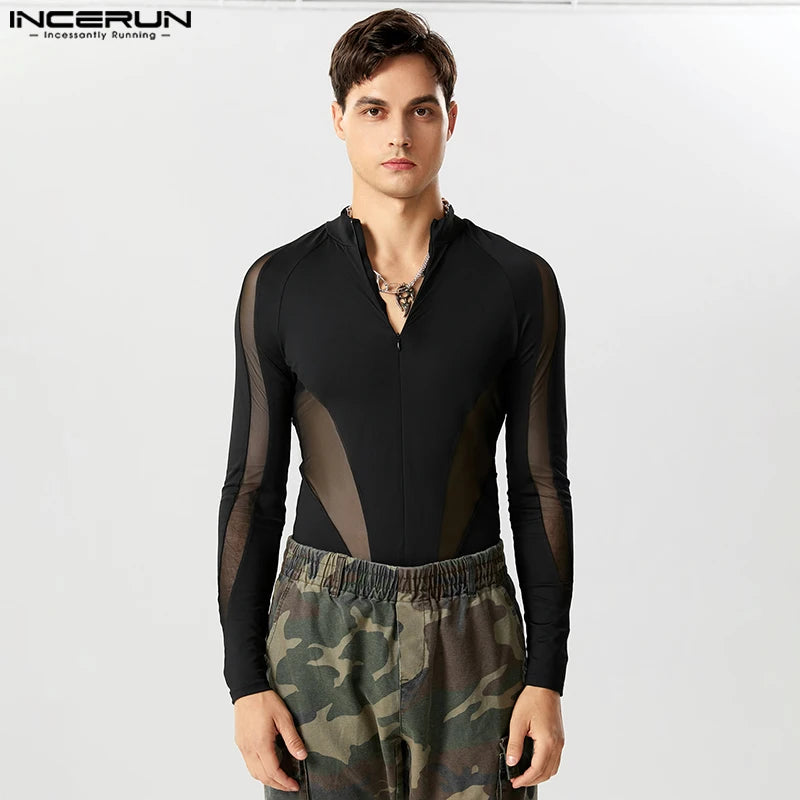 2023 Men Bodysuits Mesh Patchwork V Neck Streetwear Long Sleeve Male Rompers Zipper Transparent Fashion T Shirt Bodysuit INCERUN