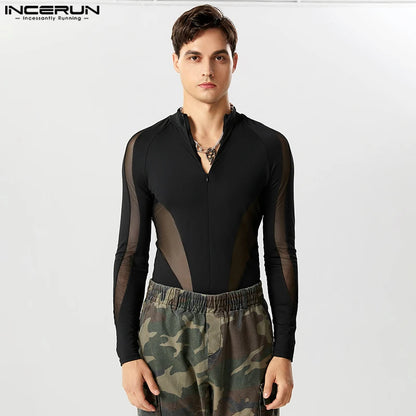 2023 Men Bodysuits Mesh Patchwork V Neck Streetwear Long Sleeve Male Rompers Zipper Transparent Fashion T Shirt Bodysuit INCERUN