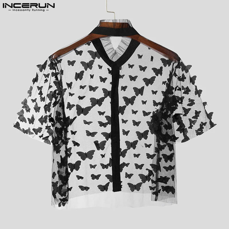 Fashion Party Shows Style Tops INCERUN 2024 Men Personality Print Shirt Sexy Casual Male Thin Cropped Short Sleeved Blouse S-5XL