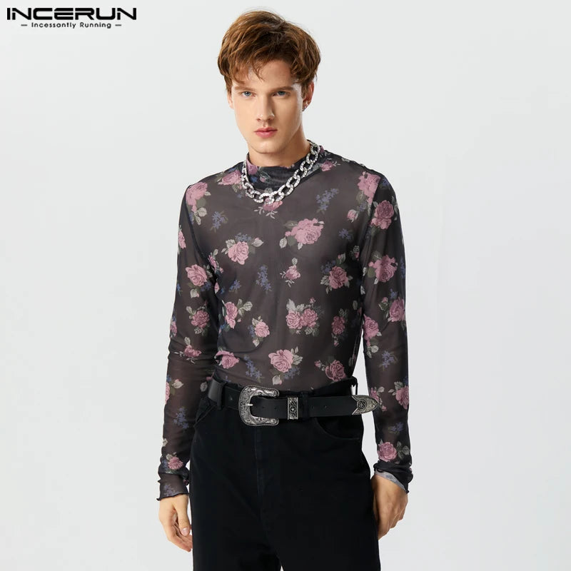 INCERUN Tops 2023 American Style Mens Printed Half High Collar See-through Mesh T-shirts Casual Thin Long Sleeved Camiseta S-5XL