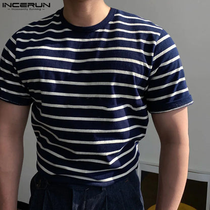 INCERUN Tops 2024 Hübsche Neue Männer Striped Oansatz Lose T-shirts Modische Casual Streetwear Männlichen Kurzarm Camiseta S-5XL