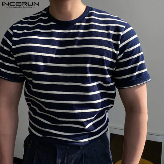 INCERUN Tops 2024 Handsome New Men Striped O-neck Loose T-shirts Fashionable Casual Streetwear Male Short Sleeved Camiseta S-5XL