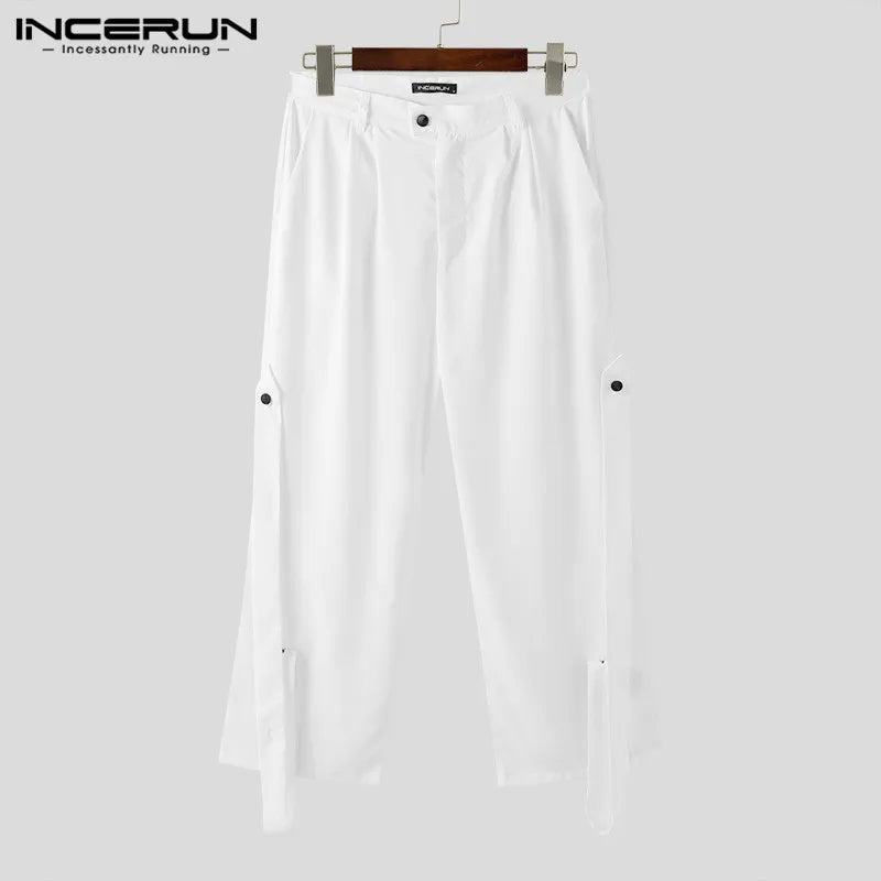 INCERUN 2024 Fashionable Men's Trousers Ribbon Deconstruction Design Pants Casual Well Fitting Personality Solid Pantalons S-5XL