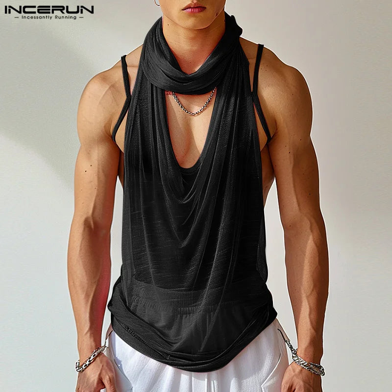 INCERUN Tops 2024 Korean Style Sexy Men See-through Mesh Thin Vests Summer Fashion Male Hot Selling Swing Collar Tank Tops S-5XL