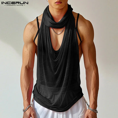 INCERUN Tops 2024 Korean Style Sexy Men See-through Mesh Thin Vests Summer Fashion Male Hot Selling Swing Collar Tank Tops S-5XL