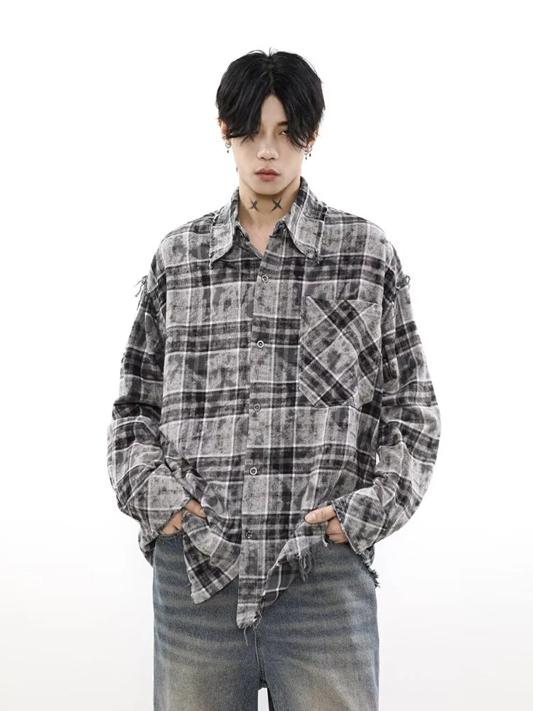 HOUZHOU Harajuku Plaid Shirts Coat Men Oversize Long Sleeve Men's Checkered Cardigan Blouses Male Japanese Streetwear Hip Hop