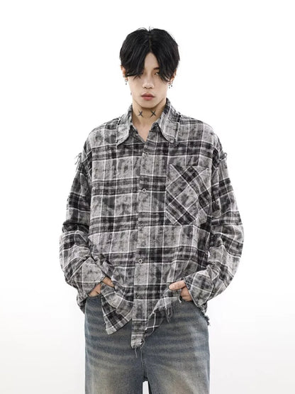 HOUZHOU Harajuku Plaid Shirts Mantel Männer Übergröße Langarm Herren Karierte Strickjacke Blusen Männlich Japanisch Streetwear Hip Hop