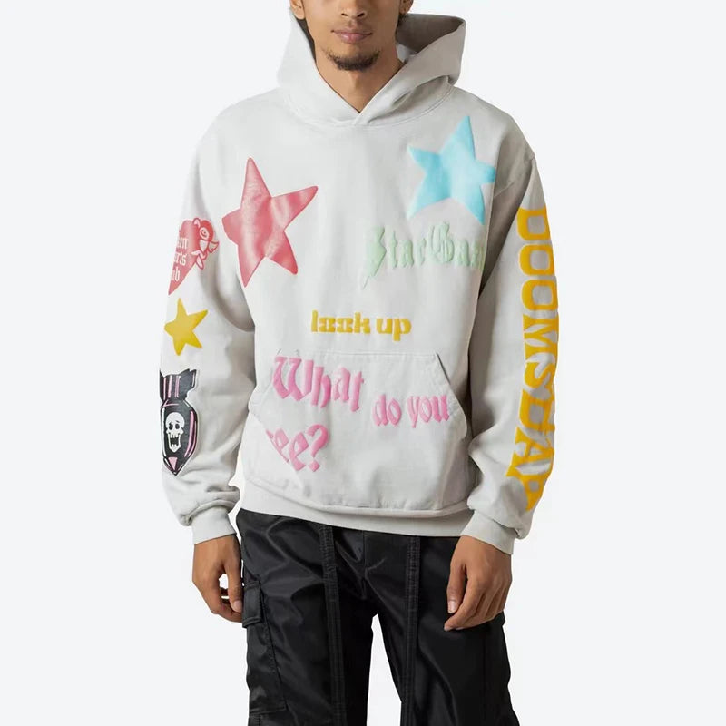 Y2k Graffiti Stars Letter Foam Streetwear Baggy Fleece Hoodies for Men and Women Pullover Ropa Hombre Sudaderas Sweatshirts