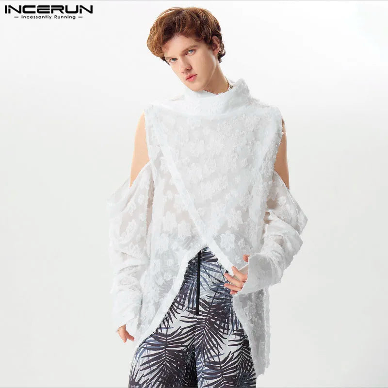 INCERUN Tops 2024 American Style Handsome New Mens Tassel Feather Jacquard Shirts Casual Irregular Hem Long Sleeved Blouse S-5XL