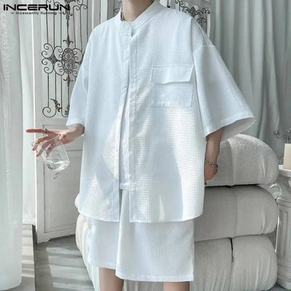 INCERUN 2024 Korean Style Stylish Sets New Men Stand Neck Half Sleeve Loose Shirts Shorts Leisure Streetwear Suit 2 Pieces S-5XL