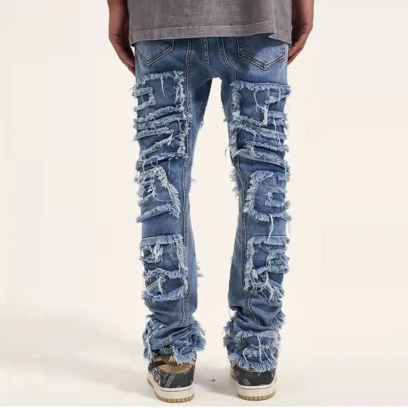 Retro-Loch-Rippen-Jeans für Herren, gerade gewaschen, Harajuku, Hip-Hop, lockere Jeanshose, Vibe-Stil, lässige Jeanshose