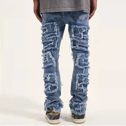 Retro Hole Ripped Distressed Jeans for Men Straight Washed Harajuku Hip Hop Loose Denim Trousers Vibe Style Casual Jean Pants