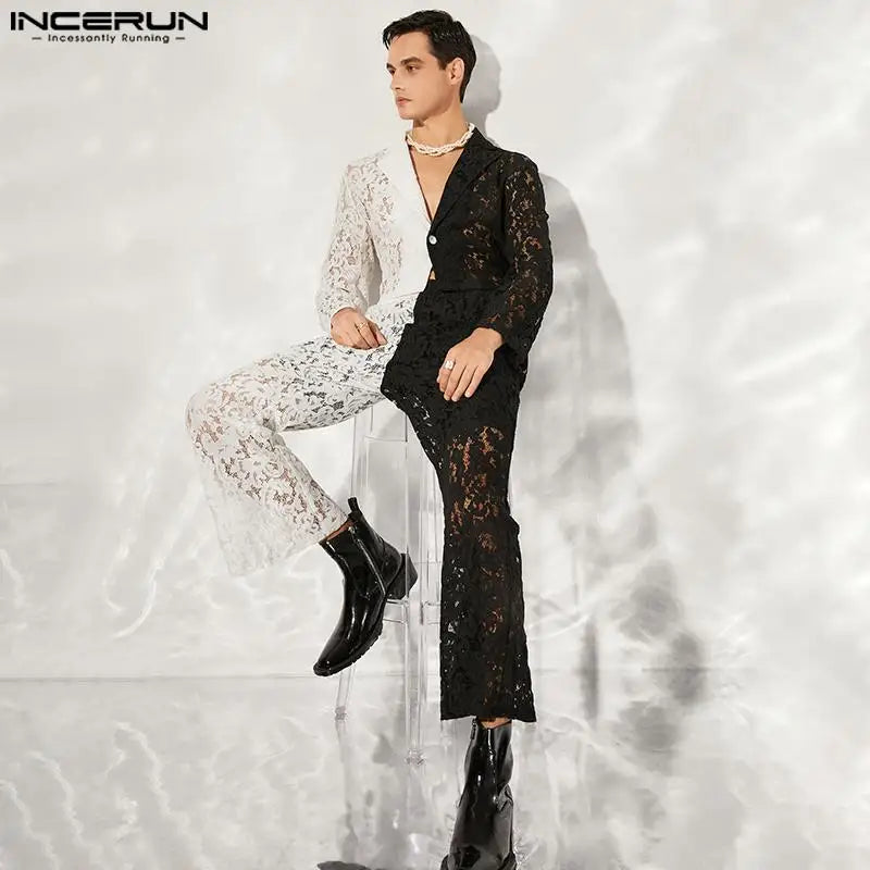 Fashion Casual Style Sets INCERUN Handsome Men's Black White Contrast Color Lace Hollow Short Suit Trousers Suit 2 Pieces S-5XL