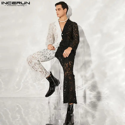 Fashion Casual Style Sets INCERUN Handsome Men's Black White Contrast Color Lace Hollow Short Suit Trousers Suit 2 Pieces S-5XL