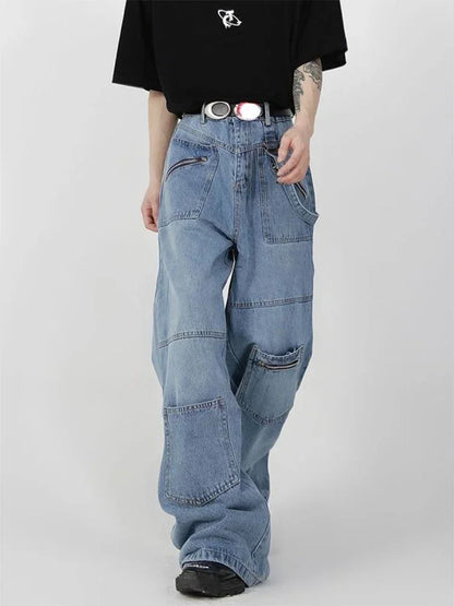 HOUZHOU Baggy Cargo Jeans Men Denim Wide Leg Trousers Male Oversize Casual Streetwear Hip Hop Pocket Zipper Safari Style