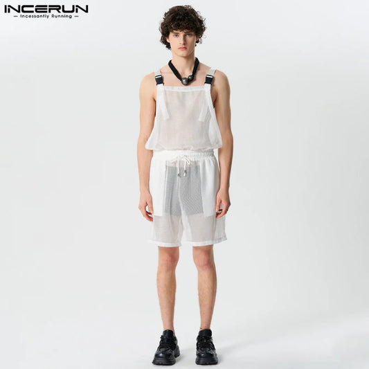 INCERUN 2024 American Style Bodysuits Stylish Men's Hollow Mesh Jumpsuits Sexy Leisure Perspective Thin Sleeveless Rompers S-5XL