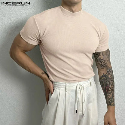 INCERUN Hommes T-shirt Couleur Unie Col Roulé Manches Courtes Homme T-shirt Hauts Streetwear Fitness Cozy 2023 Été Décontracté Camisetas S-5XL