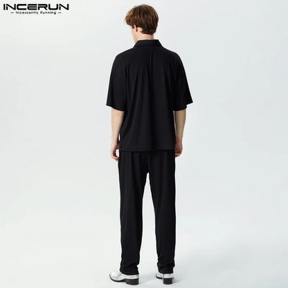 INCERUN 2024 American Style Sets New Men Short Sleeved Shirts Long Pants Male Knitted Casual Street Striped Two-piece Sets S-5XL