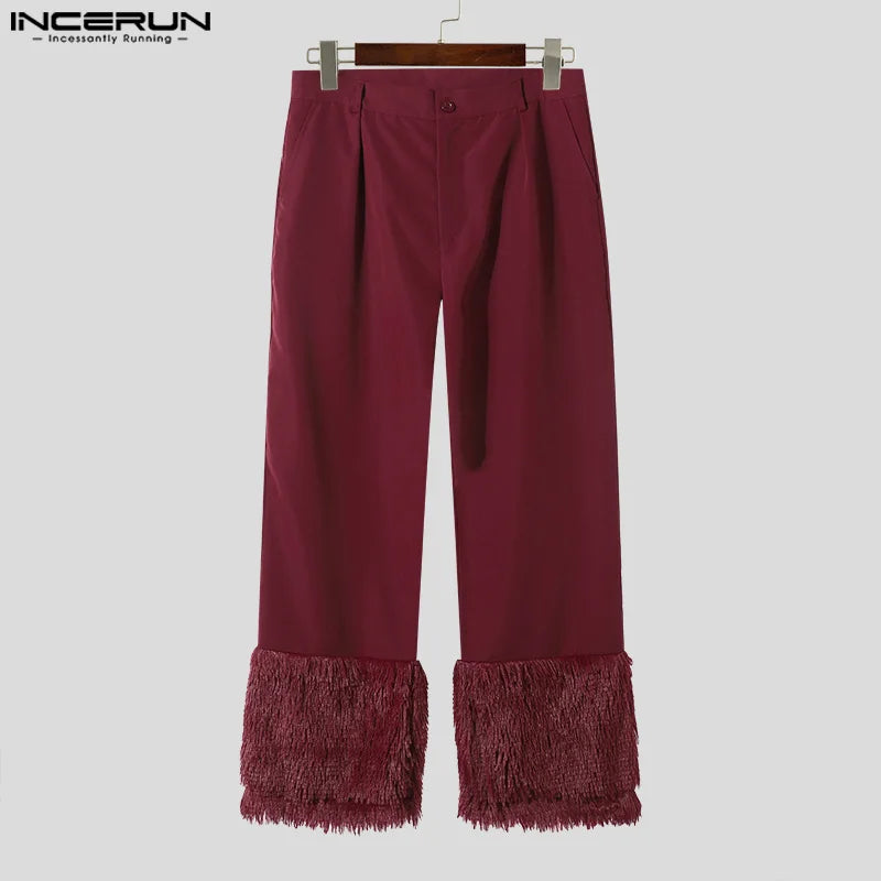 INCERUN 2024 Amerikanischen Stil Herren Pantalons Persönlichkeit Solide Patchwork Plüsch Lange Hosen Freizeit Männlichen Gerade Bein Hose S-5XL