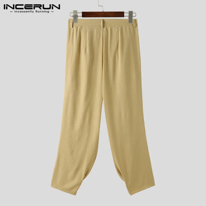 INCERUN 2024 Style coréen nouveaux hommes pantalons plissés couleur unie pantalons longs décontractés streetwear homme ample tout-match pantalons S-5XL