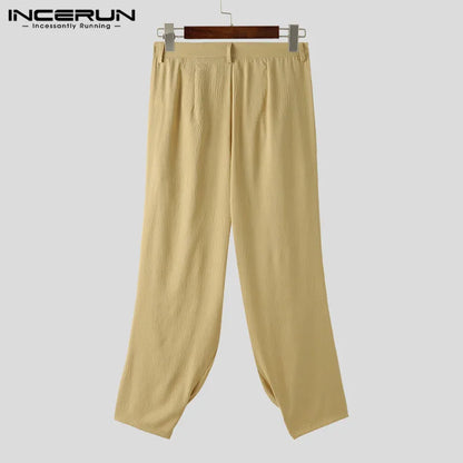 INCERUN 2024 Koreanische Stil Neue Männer Hosen Gefaltetes Festes Farbe Lange Hosen Casual Streetwear Männlichen Lose Alle-spiel Pantalons S-5XL