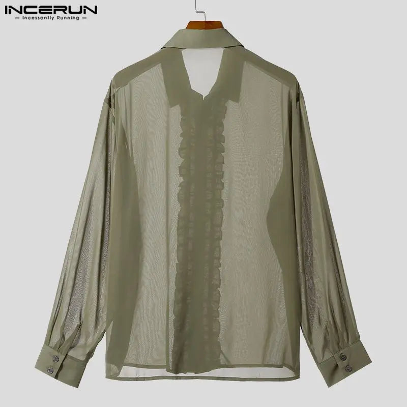 Fashion Casual Style Tops INCERUN New Men's Chiffon Transparent Ruffled Placket Shirts Male Thin Long Sleeved Lapel Blouse S-5XL