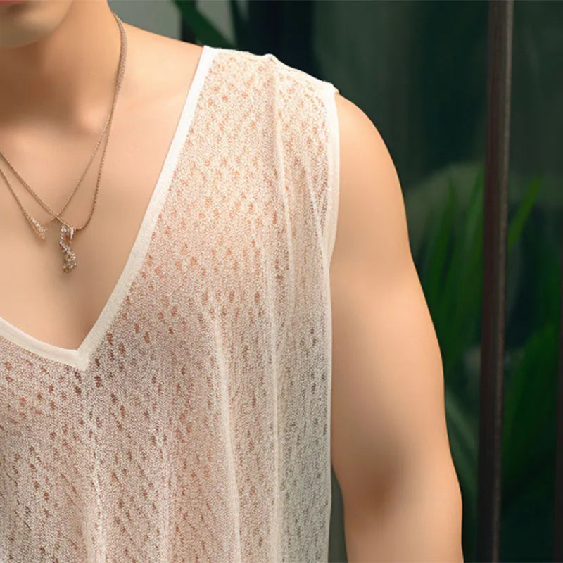 INCERUN Tops 2024 Korean Style Men's Stylish Hollow See-through Vests Summer Casual Streetwear V-neck Sleeveless Tank Tops S-5XL