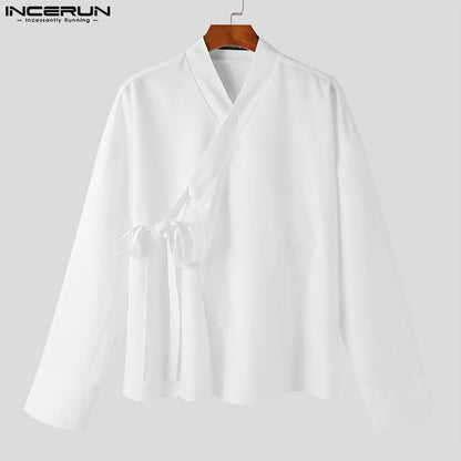 Stylish Casual Style Tops INCERUN Mens Simple All-match Solid Shirts Handsome Male Collarless Long Sleeved Cardigan Blouse S-5XL