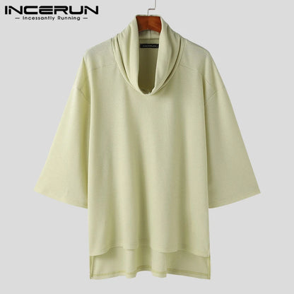 INCERUN Tops 2024 Korean Style Fashion Men's Scarf Pile Collar Design T-shirts Casual Solid Three-quarter Sleeved Camiseta S-5XL