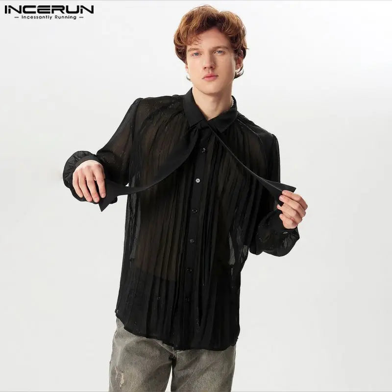 INCERUN 2024 Men's Sexy Shirt Mesh Transparent Lapel Long Sleeve Camisa Tie Pleated Solid Comfortable Clothing Streetwear S-5XL